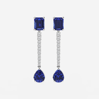 9X7mm Emerald Cut, 10x8mm Pear Cut Created Sapphire and 3/4 ctw Round Lab Grown Diamond Linear Earrings    Platinum