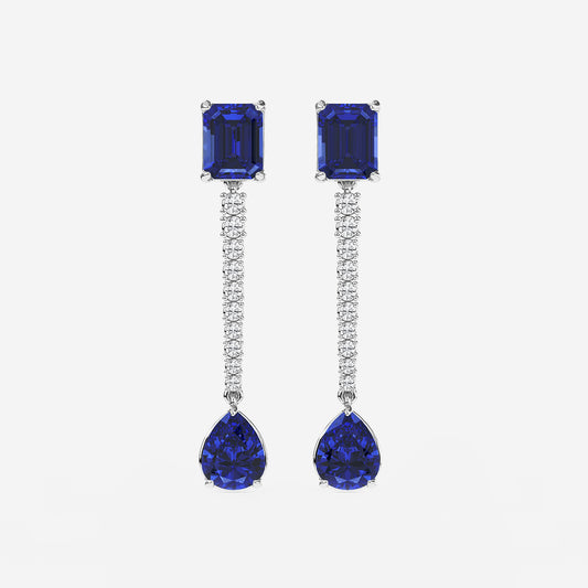9X7mm Emerald Cut, 10x8mm Pear Cut Created Sapphire and 3/4 ctw Round Lab Grown Diamond Linear Earrings    Platinum