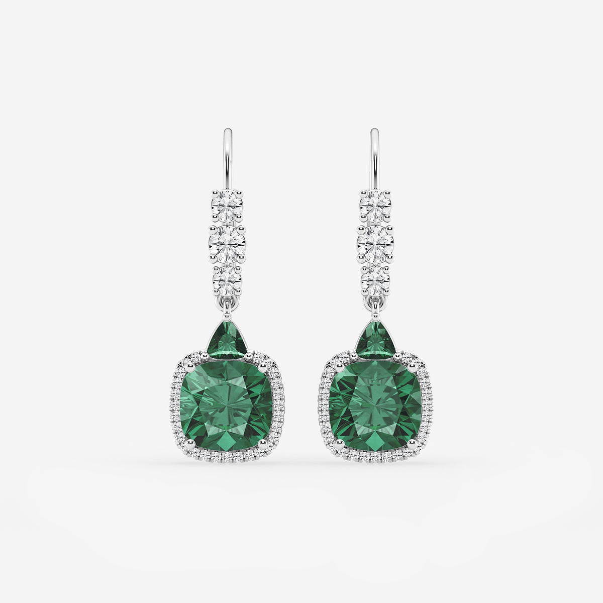 8mm Cushion, 3.5mm Trillion Cut Created Emerald and 5/8 ctw Round Lab Grown Diamond Drop Earrings    14K White Gold