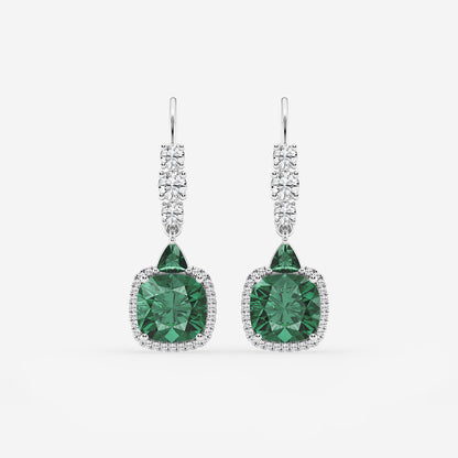 8mm Cushion, 3.5mm Trillion Cut Created Emerald and 5/8 ctw Round Lab Grown Diamond Drop Earrings    14K White Gold