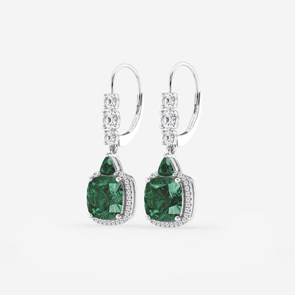 8mm Cushion, 3.5mm Trillion Cut Created Emerald and 5/8 ctw Round Lab Grown Diamond Drop Earrings    14K White Gold