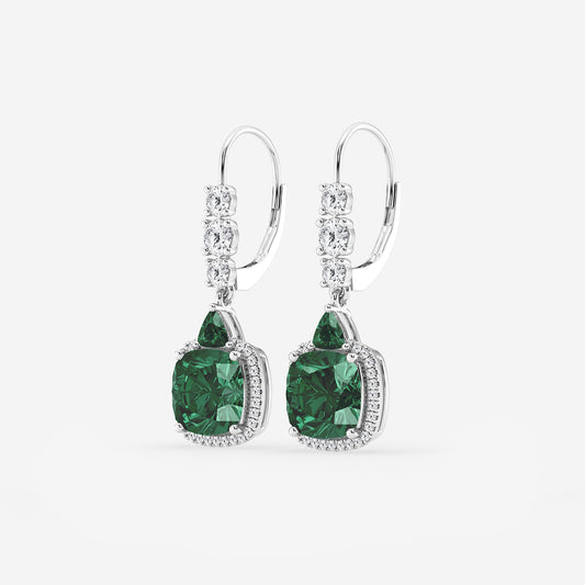 8mm Cushion, 3.5mm Trillion Cut Created Emerald and 5/8 ctw Round Lab Grown Diamond Drop Earrings    14K White Gold