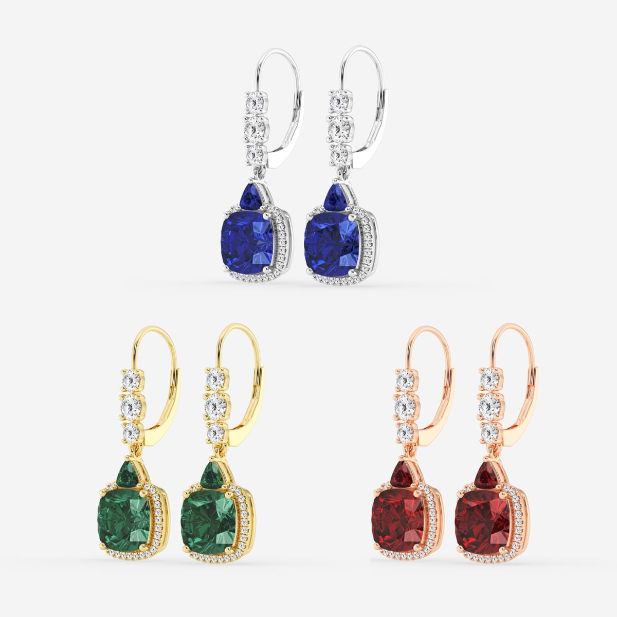 8mm Cushion, 3.5mm Trillion Cut Created Emerald and 5/8 ctw Round Lab Grown Diamond Drop Earrings    14K White Gold