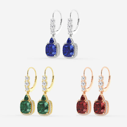 8mm Cushion, 3.5mm Trillion Cut Created Emerald and 5/8 ctw Round Lab Grown Diamond Drop Earrings    14K White Gold