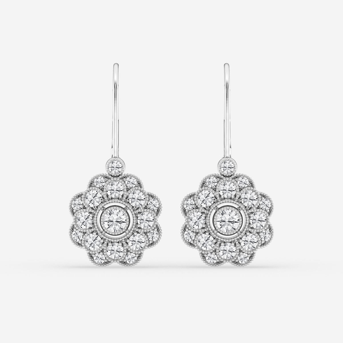 1 1/2 ctw Round Lab Grown Diamond Vintage Floral Milgrain Earrings    Platinum, DE, VS1