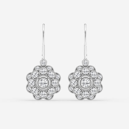 1 1/2 ctw Round Lab Grown Diamond Vintage Floral Milgrain Earrings    Platinum, DE, VS1