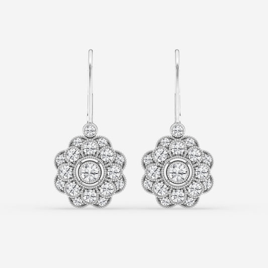 1 1/2 ctw Round Lab Grown Diamond Vintage Floral Milgrain Earrings    Platinum, DE, VS1
