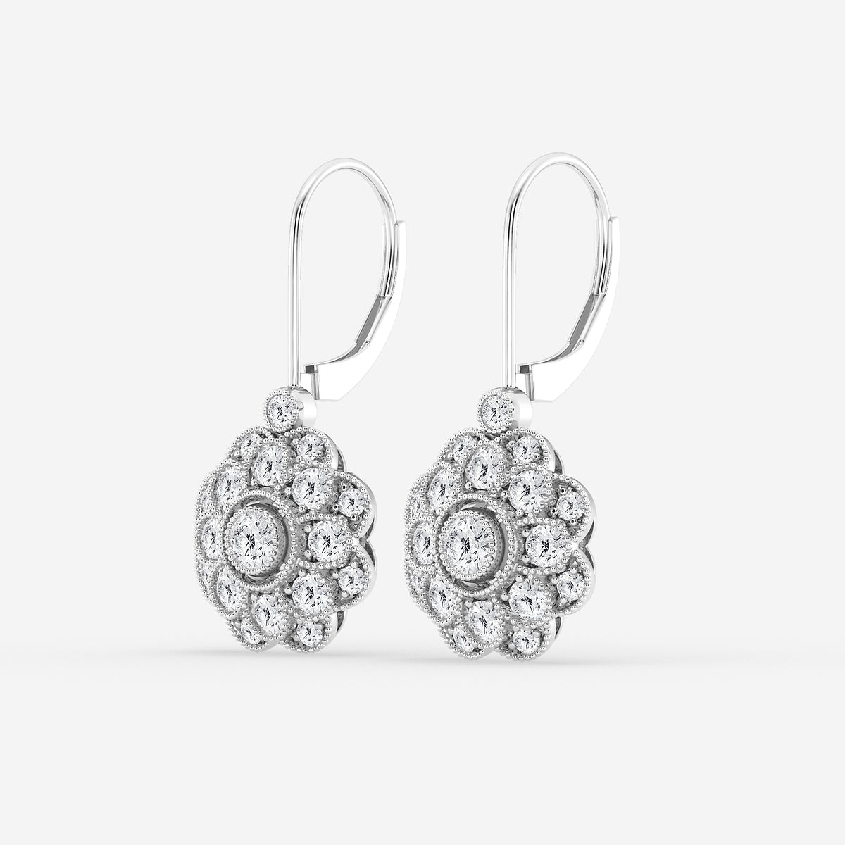 1 1/2 ctw Round Lab Grown Diamond Vintage Floral Milgrain Earrings    Platinum, DE, VS1