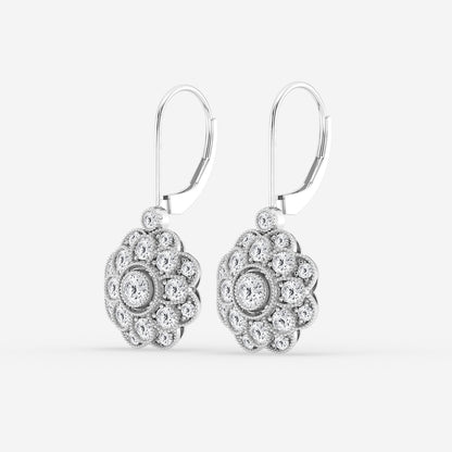 1 1/2 ctw Round Lab Grown Diamond Vintage Floral Milgrain Earrings    Platinum, DE, VS1