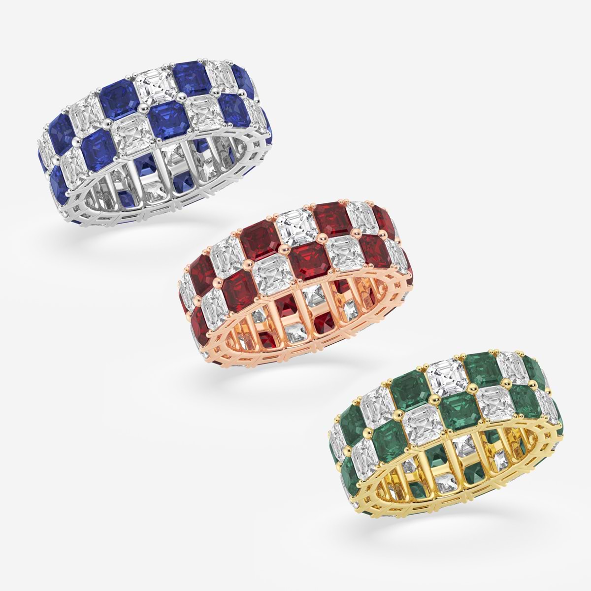 Celeste 3.6x3.6 mm Asscher Cut Created Sapphire and 5 1/2 ctw Asscher Lab Grown Diamond Alternating Two Row Eternity Band - 7.4mm Width    Platinum