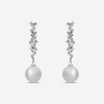 8 mm Akoya Pearl and 1/2 ctw Lab Grown Diamond Dangle Earrings    14K White Gold, Akoya