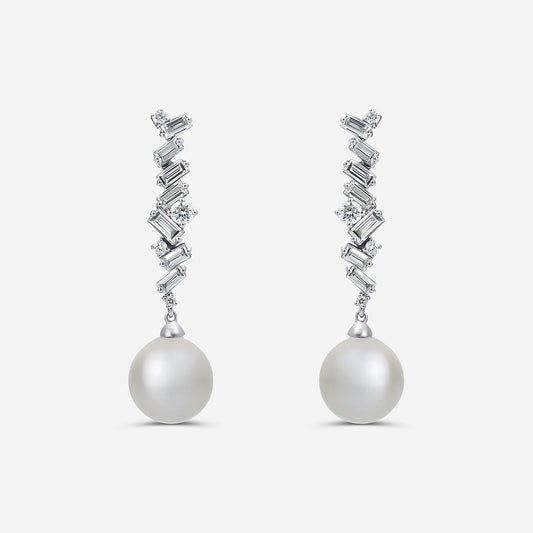 8 mm Akoya Pearl and 1/2 ctw Lab Grown Diamond Dangle Earrings    14K White Gold, Akoya