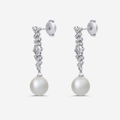 8 mm Akoya Pearl and 1/2 ctw Lab Grown Diamond Dangle Earrings    14K White Gold, Akoya