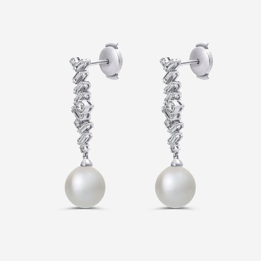 8 mm Akoya Pearl and 1/2 ctw Lab Grown Diamond Dangle Earrings    14K White Gold, Akoya
