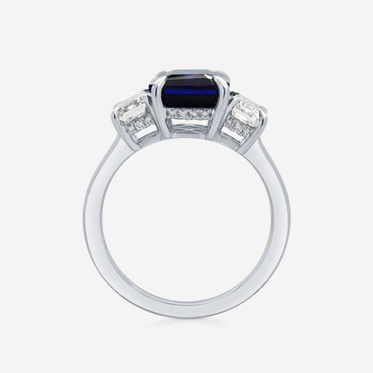 Freesia Emerald Cut Sapphire Three Stone Ring with Round Diamonds