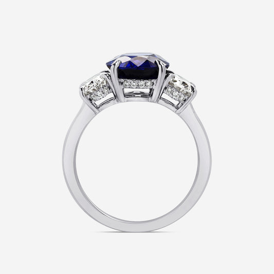 Moirai Oval Sapphire Three Stone Ring with Diamond Accents