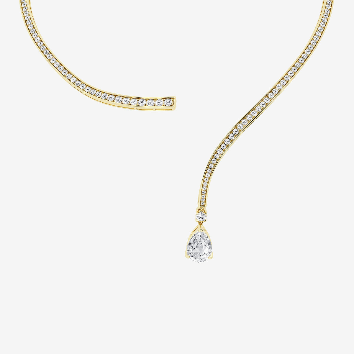 13 ctw Pear Lab Grown Diamond Pave Curve Drop Necklace    14K Yellow Gold, E, VS1| 5 ct Center