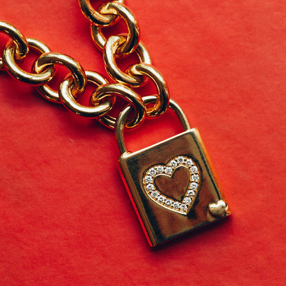 Pont Des Arts 1/4 ctw Round Lab Grown Diamond Heart Lock Pendant    SS with 14K Yellow Gold Plating, DE, VS1