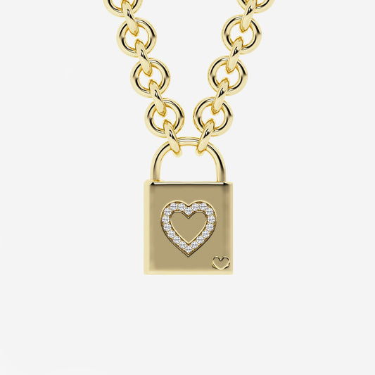 Pont Des Arts 1/4 ctw Round Lab Grown Diamond Heart Lock Pendant    SS with 14K Yellow Gold Plating, DE, VS1