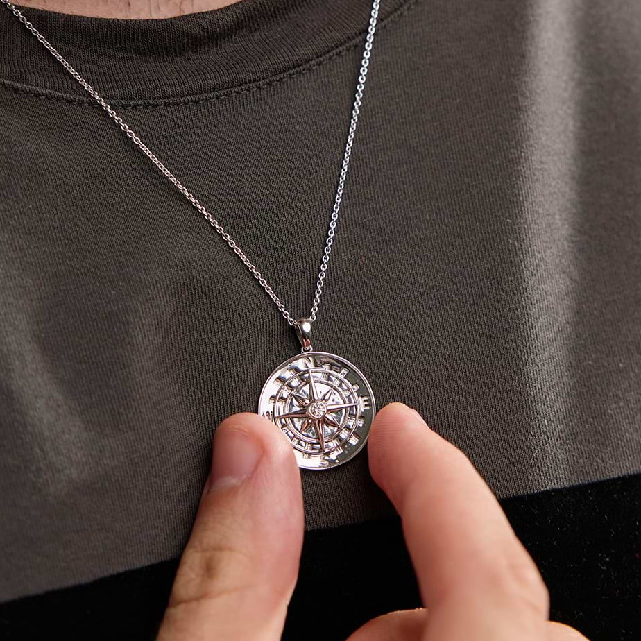 Diamond Compass Pendant in Sterling Silver