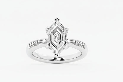 Diamond ring with a central princess-cut diamond and baguette side stones on a white background