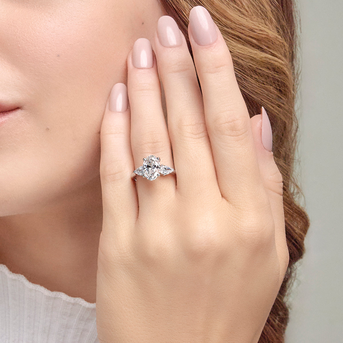 Selene Oval Diamond Three Stone Ring with Pear Accents in Platinum - 2.66 CTW