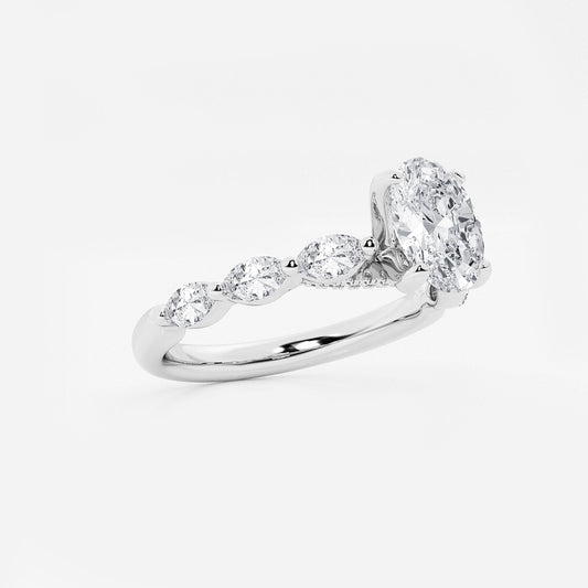 Kendall Oval Diamond Ring with Floating Marquise Accents in 14K White Gold - 1.4 CTW