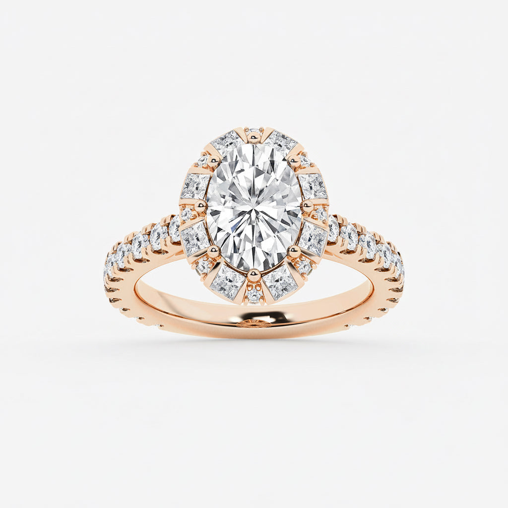 Rose gold ring with a large diamond and smaller diamonds on a white background