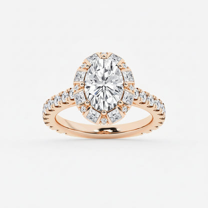 Rose gold ring with a large diamond and smaller diamonds on a white background