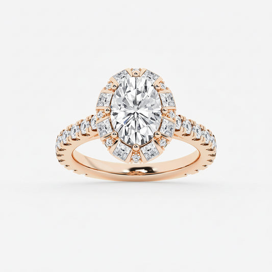 Rose gold ring with a large diamond and smaller diamonds on a white background