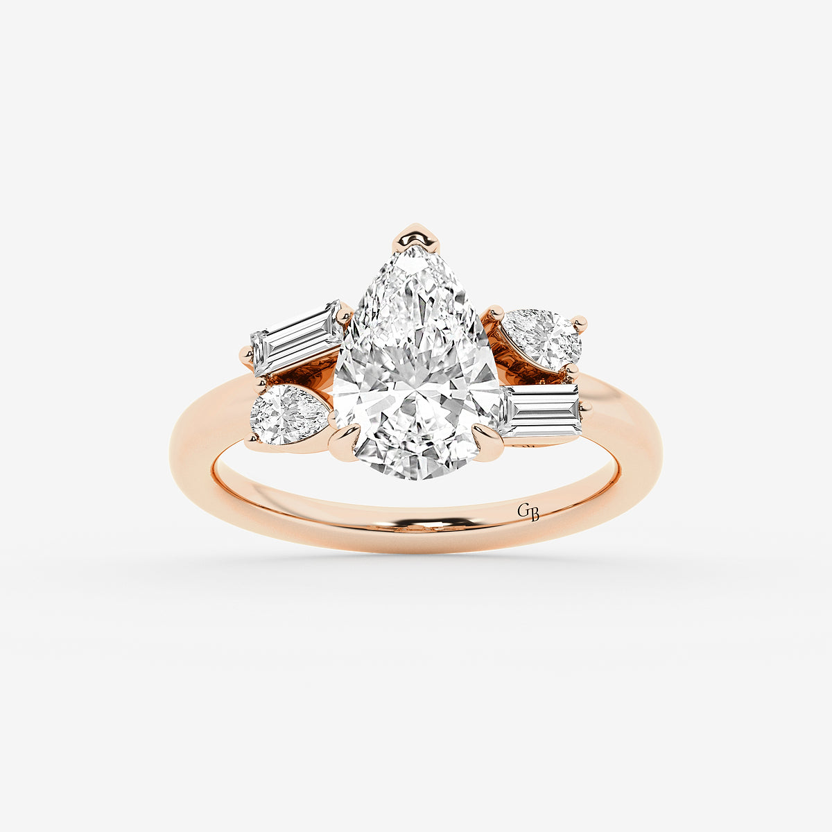 Miranda Pear Diamond with Pear & Baguette Side Stones in 14K Rose Gold - 2.5 CTW