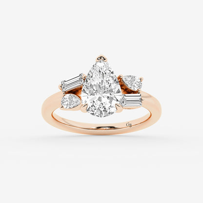 Miranda Pear Diamond with Pear & Baguette Side Stones in 14K Rose Gold - 2.5 CTW