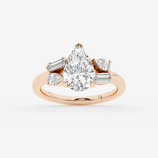 Miranda Pear Diamond with Pear & Baguette Side Stones in 14K Rose Gold - 2.5 CTW