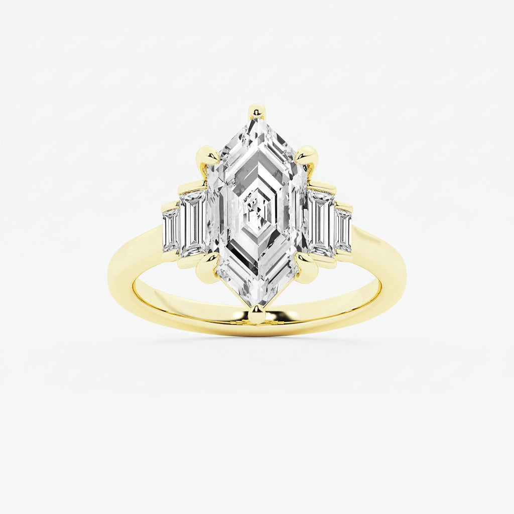 Gold ring with a large diamond and smaller baguette-cut diamonds on a white background