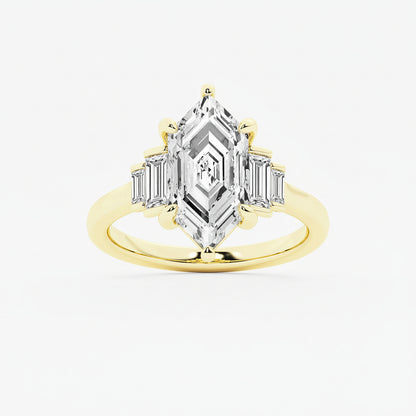Gold ring with a large diamond and smaller baguette-cut diamonds on a white background