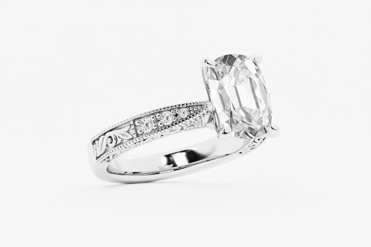 Wilhelmina Elongated Cushion Diamond Vintage Side Stone Ring