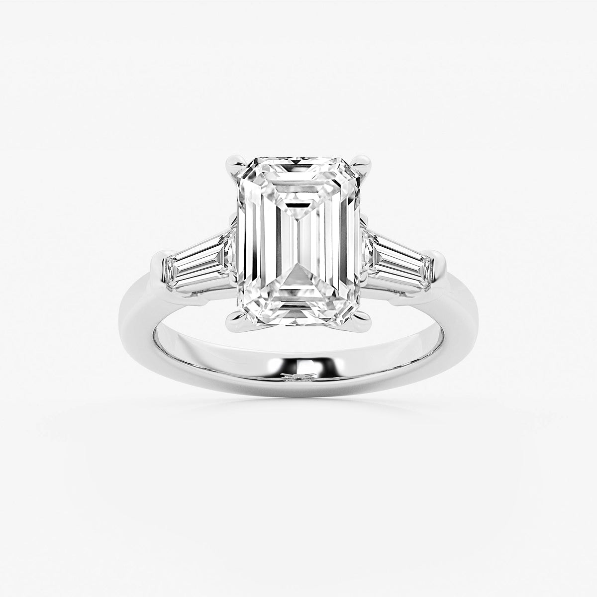 Gaia Emerald Diamond Three Stone Ring with Baguette Sides in Platinum - 4.75 CTW
