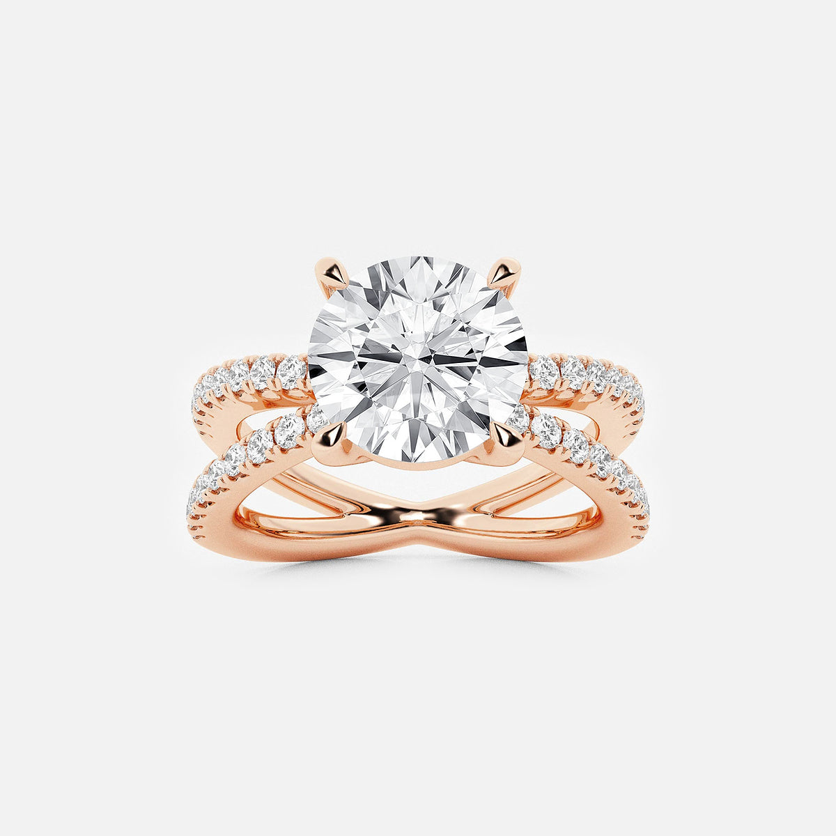 Rose gold ring with a large diamond and smaller diamonds on the band against a light gray background