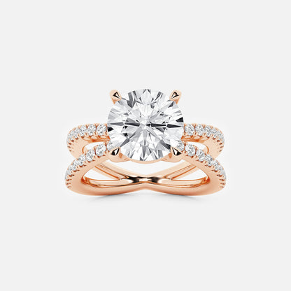 Rose gold ring with a large diamond and smaller diamonds on the band against a light gray background
