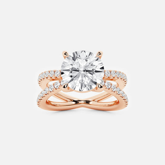 Rose gold ring with a large diamond and smaller diamonds on the band against a light gray background
