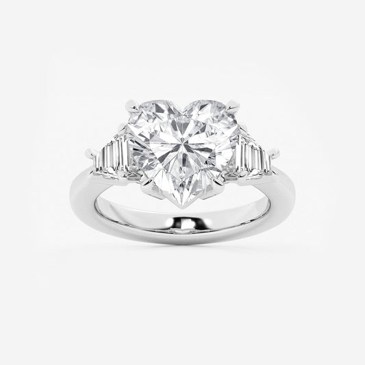 Diamond ring with a heart-shaped center stone on a white background