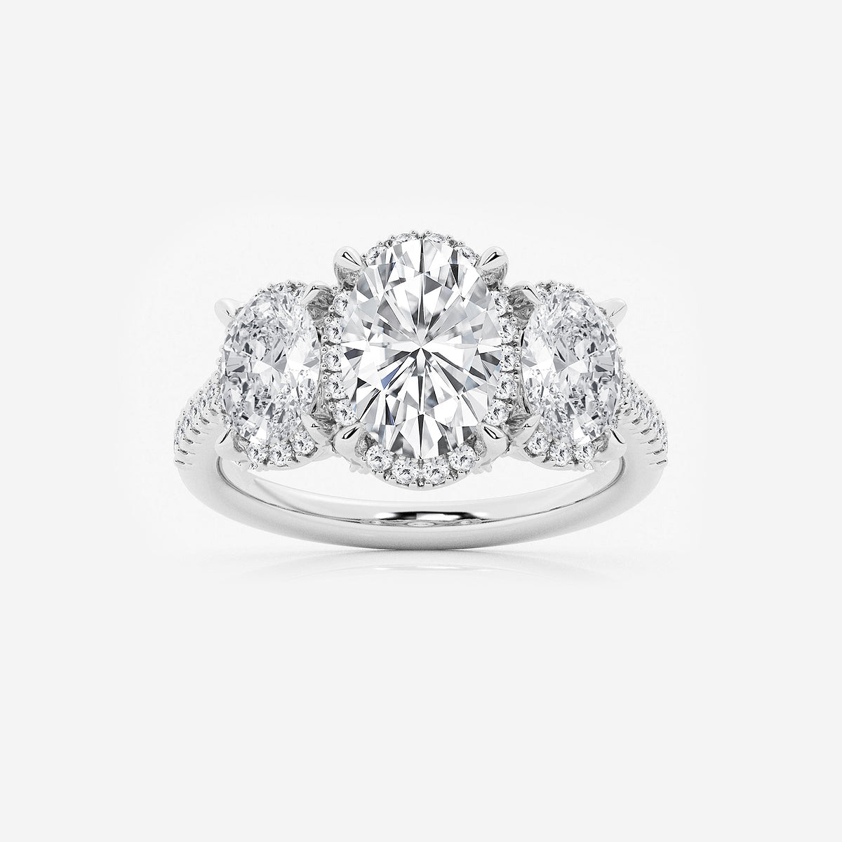 Hera Oval Diamond Shadow Halo Three Stone Ring in 14K White Gold - 3.875 CTW