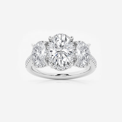 Hera Oval Diamond Shadow Halo Three Stone Ring in 14K White Gold - 3.875 CTW