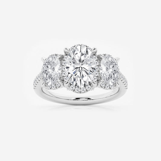Hera Oval Diamond Shadow Halo Three Stone Ring in 14K White Gold - 3.875 CTW
