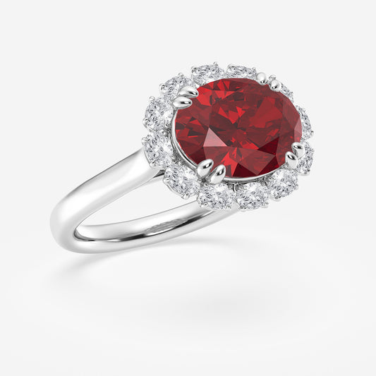 Tithonia Oval Ruby Three Stone Engagement Ring