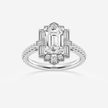 Diamond ring with emerald-cut center stone on a white background
