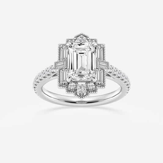 Diamond ring with emerald-cut center stone on a white background