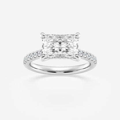 Diamond ring with a square-cut center stone on a white background