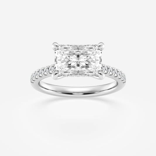 Diamond ring with a square-cut center stone on a white background