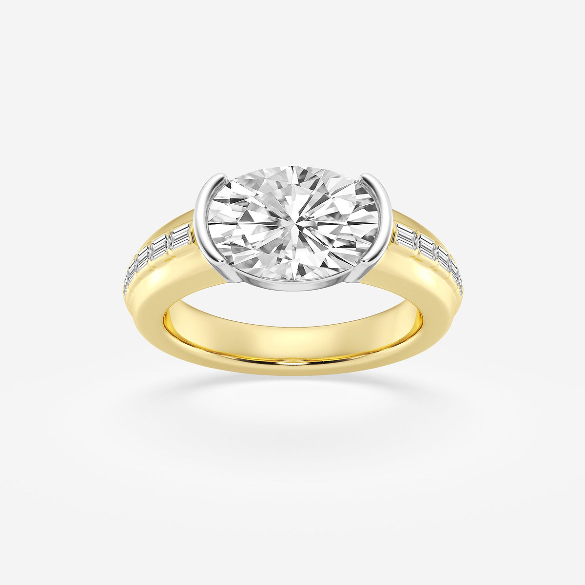 Gold ring with a large diamond and smaller diamonds on the band against a white background